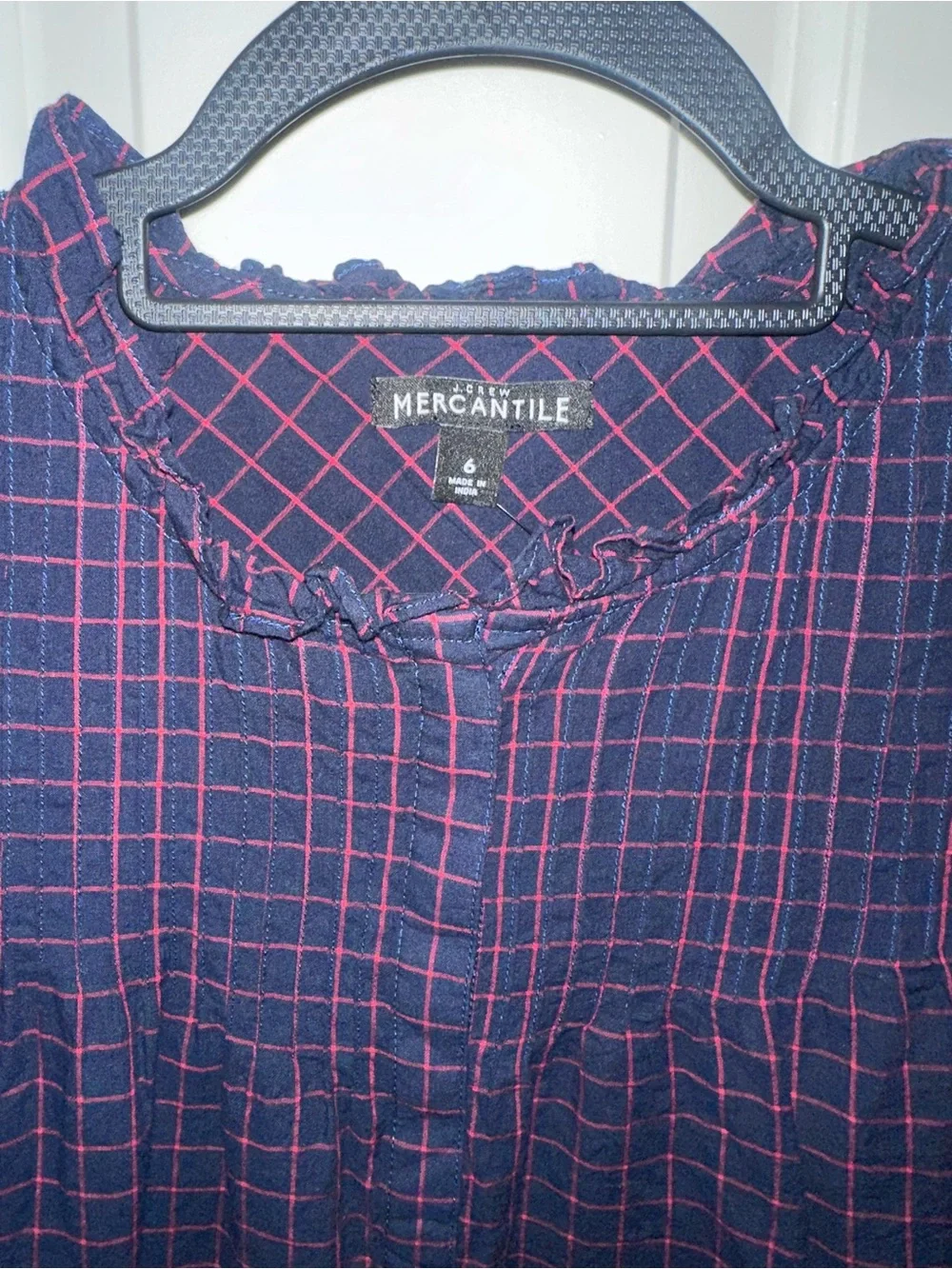 J. Crew Navy Long-Sleeve Check Blouse with Ruffle Collar